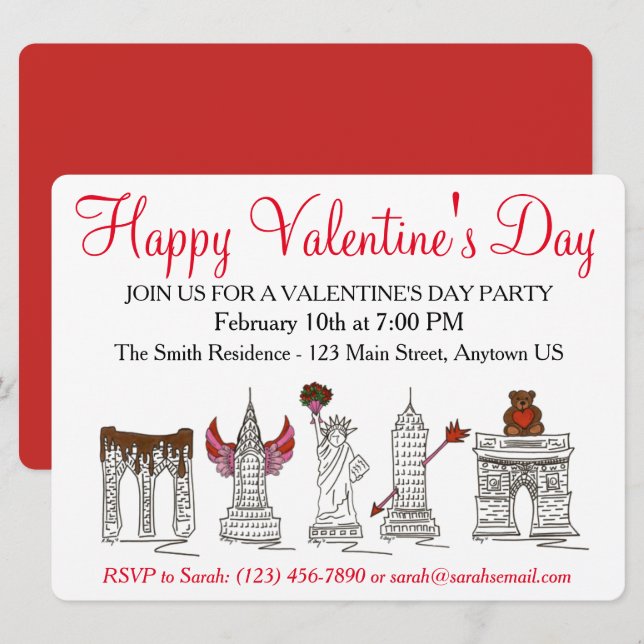 New York City NYC Landmarks Valentine's Day Invitation (Front/Back)