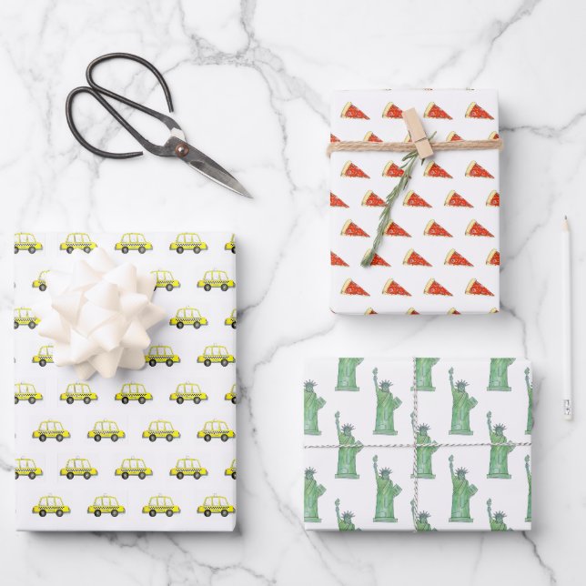 New York City NYC Pizza Taxi Cab Statue of Liberty Wrapping Paper Sheet (Front)