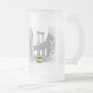 New York City Nyc Yellow Taxi Brooklyn Bridge Frosted Glass Beer Mug