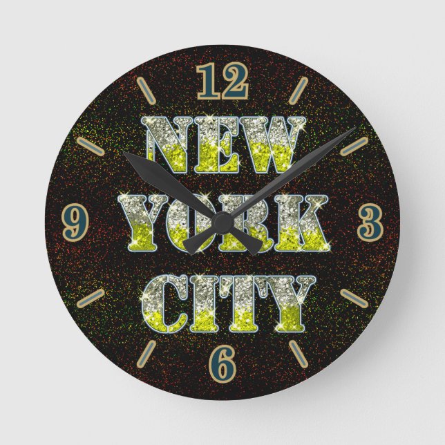 New York City Silver Gold Glitters Round Clock (Front)
