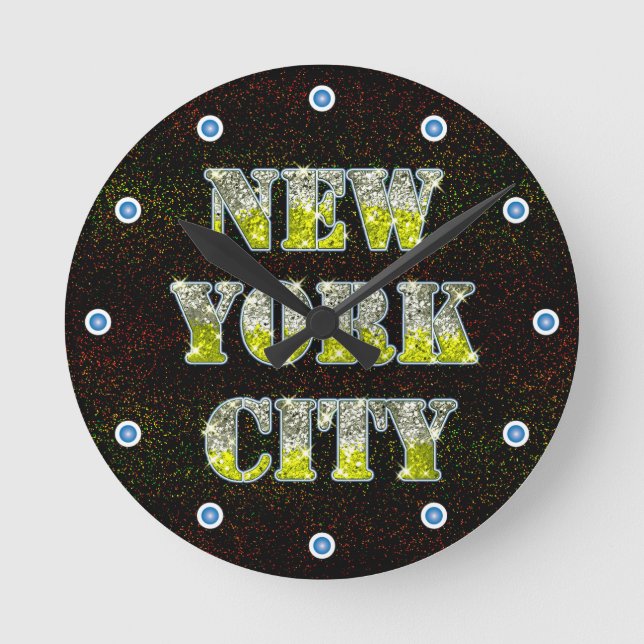 New York City Silver Gold Glitters Round Clock (Front)