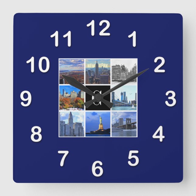 New York City Skyline 8 Image Photo Collage Square Wall Clock (Front)