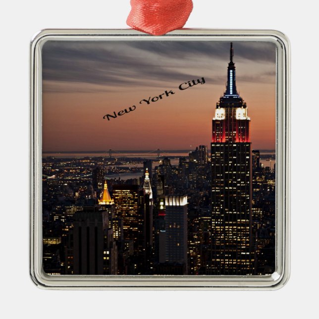 New York City Skyline at Night Metal Ornament (Front)