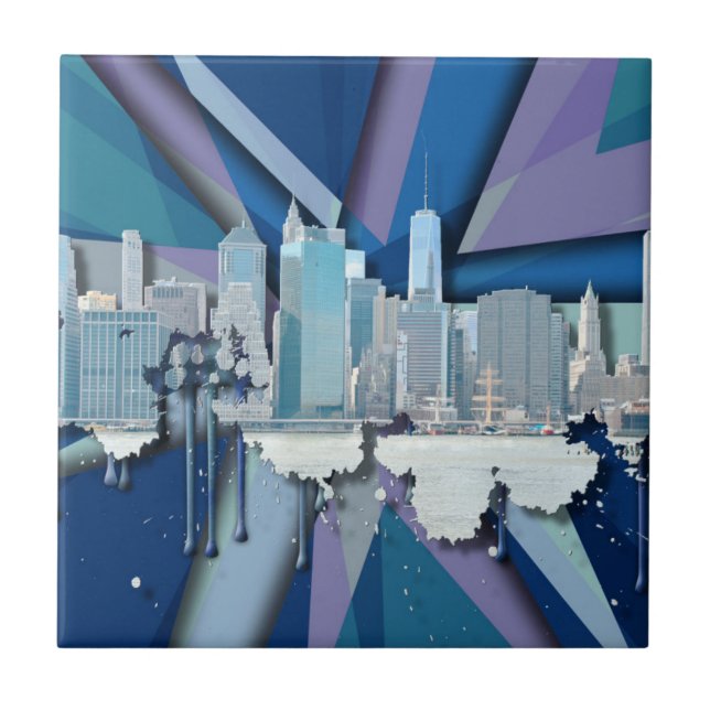 New York City Skyline | Blue 3D Tile (Front)