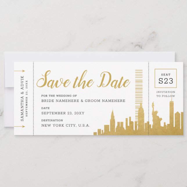 New York City Skyline Boarding Pass Save Date Card (Front)