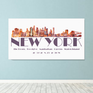 New York City Skyline. Boroughs and Coordinates Canvas Print