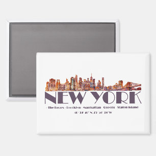 New York City Skyline. Boroughs and Coordinates Magnet