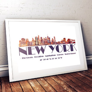 New York City Skyline. Boroughs and Coordinates Photo Print