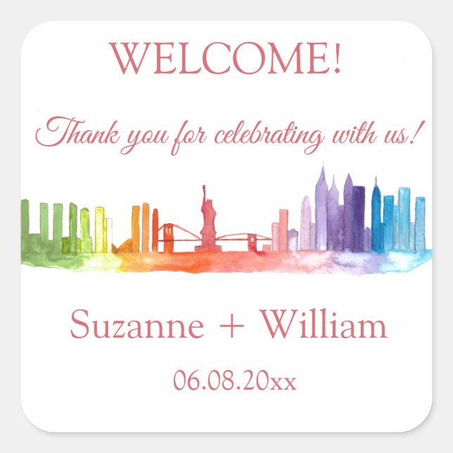 NEW YORK CITY skyline Colourful rainbow Weddings  Square Sticker (Front)