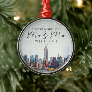 New York City Skyline First Christmas As Mr & Mrs Metal Ornament