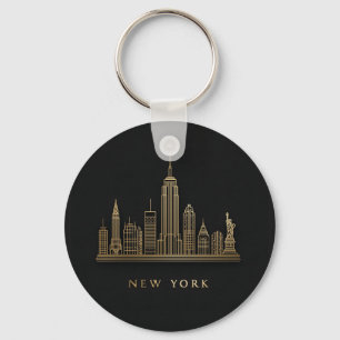 New York City Skyline Gold Line Art Keychain
