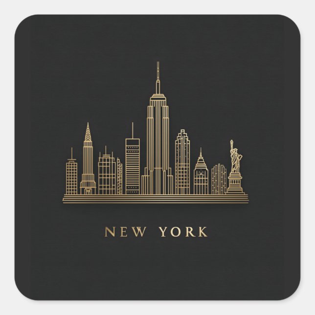 New York City Skyline Gold Line Art Square Sticker (Front)