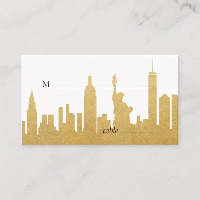 New York City Skyline Gold NYC Escort Place Card (Front)