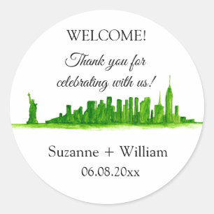 NEW YORK CITY skyline green Favours Weddings Classic Round Sticker
