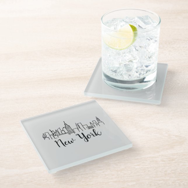 New York City Skyline Illustration Glass Coaster (Angled)