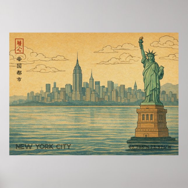 New York City Skyline in Japanese Ukiyo-e Style Poster (Front)