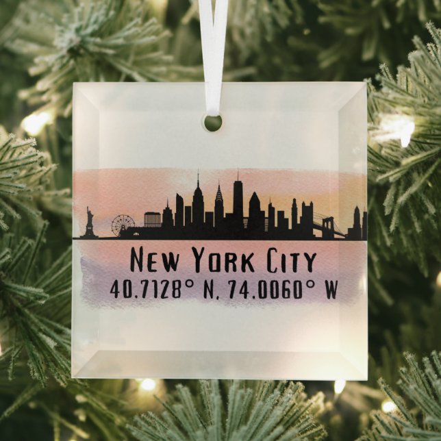 New York City Skyline Latitude and Longitude  Glass Ornament (Insitu)