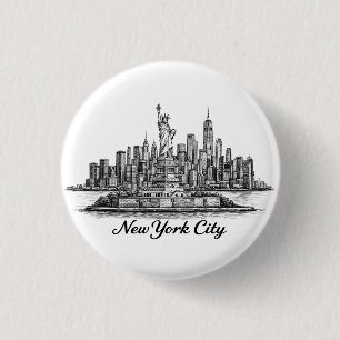 New York City Skyline Line Art Illustration 1 Inch Round Button
