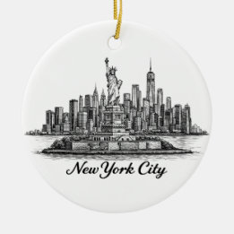 New York City Skyline Line Art Illustration Ceramic Ornament