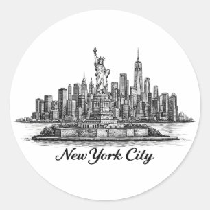 New York City Skyline Line Art Illustration Classic Round Sticker