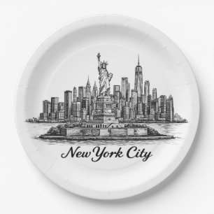 New York City Skyline Line Art Illustration Paper Plate