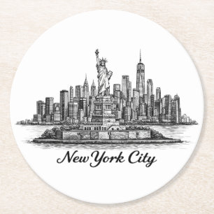 New York City Skyline Line Art Illustration Round Paper Coaster