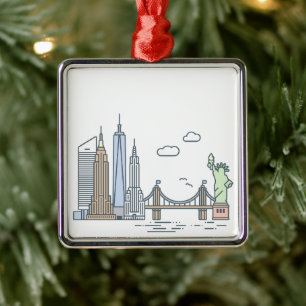 New York City Skyline Line Art Metal Ornament