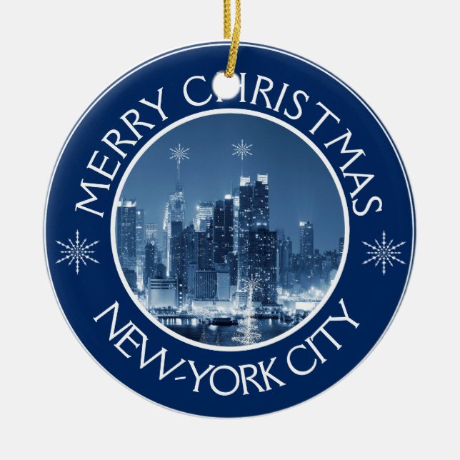 New-York City Skyline Photo Christmas Addition Ceramic Ornament (Front)