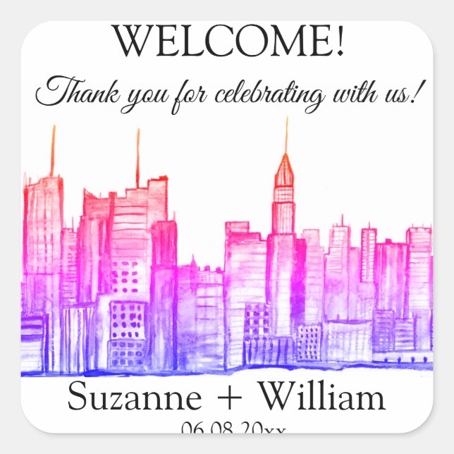 NEW YORK CITY skyline Pink Favours Weddings Square Sticker (Front)