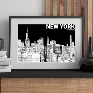 New York City Skyline Sketch Black White Mate Poster