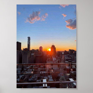 New York City Skyline Sunset Rooftop View Art Poster