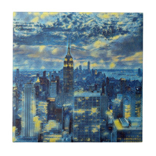 New York City Skyline Van Gogh Starry Night Art Tile