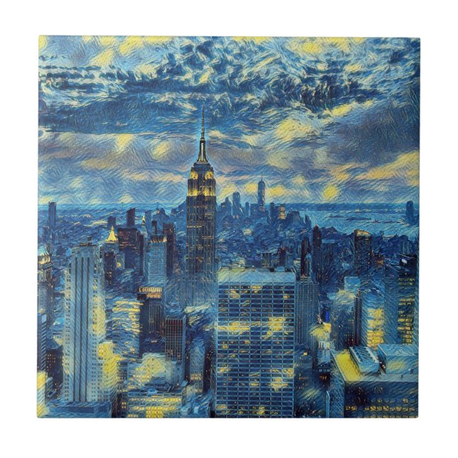New York City Skyline Van Gogh Starry Night Art Tile (Front)