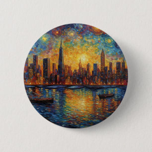 New York City Skyline van Gogh style 2 Inch Round Button