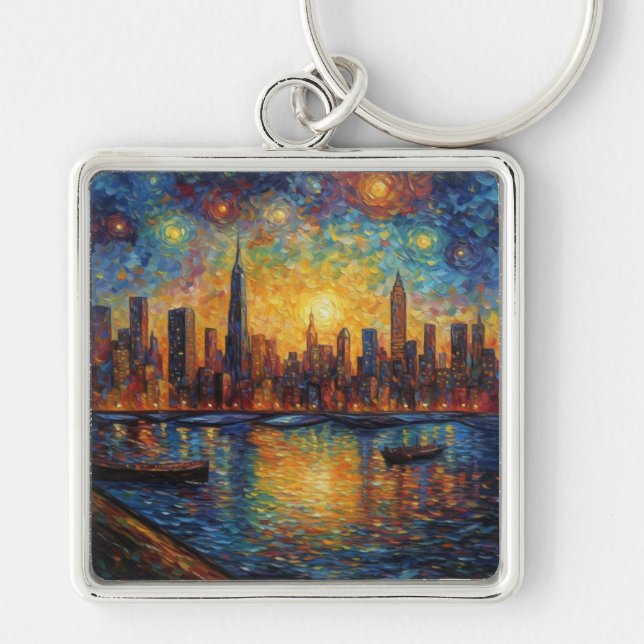New York City Skyline van Gogh style Keychain (Front)
