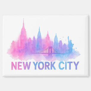 New York City Skyline Watercolor Art – Neon Bridge Magnet