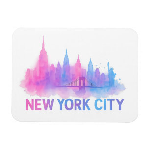 New York City Skyline Watercolor Art – Neon Bridge Magnet