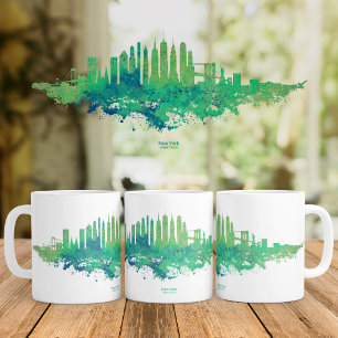 New York City Skyline Watercolor in blue and green Coffee Mug