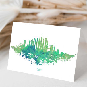 New York City Skyline Watercolor in blue and green Thank You Card