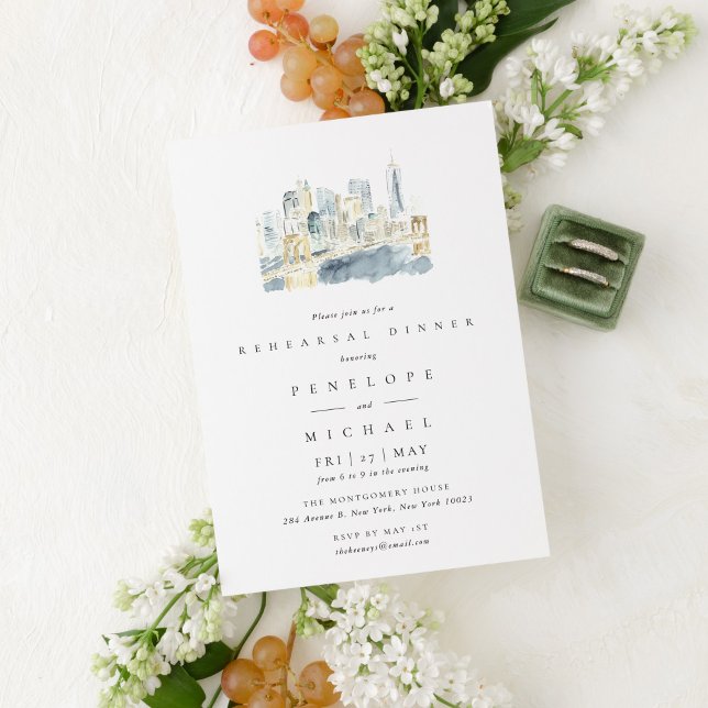 New York City Skyline Watercolor Rehearsal Dinner Invitation (Watercolor New York City Skyline wedding rehearsal dinner invitation.)