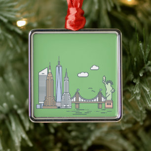 New York City Skyline Whimsical Illustration Metal Ornament