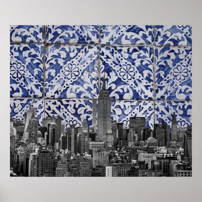 New York City Skyscrapers Meet Portuguese Tiles Poster (Front)