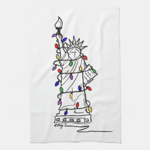 New York City Statue of Liberty Christmas Lights Kitchen Towel