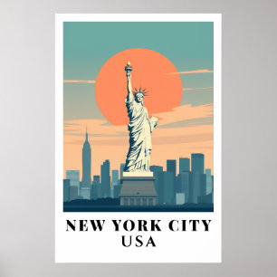 New York City Statue of Liberty Vintage Travel Art Poster