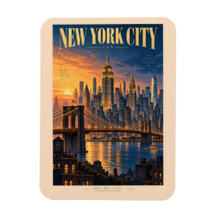 New York City Sunset Illustration Travel Art Retro Magnet