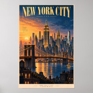 New York City Sunset Illustration Travel Art Retro Poster