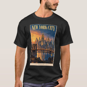 New York City Sunset Illustration Travel Art Retro T-Shirt