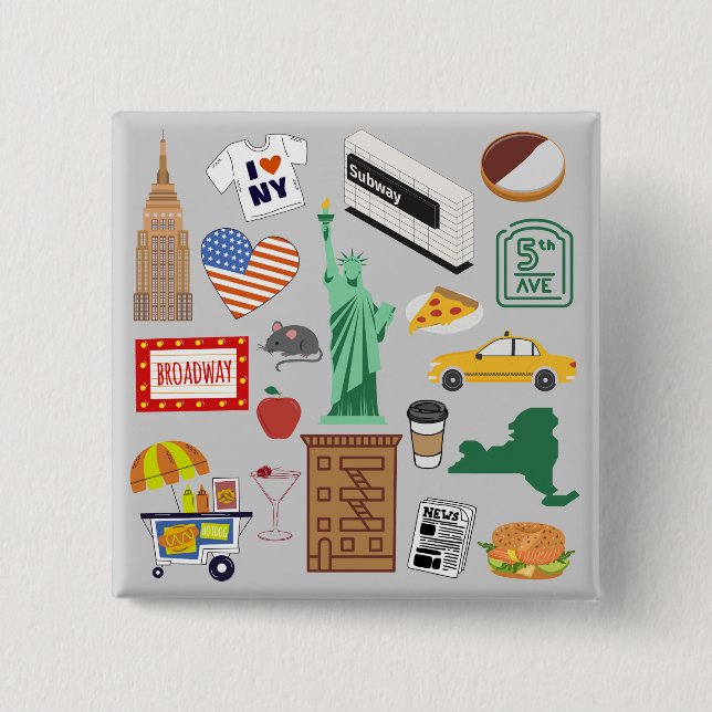 New York City Symbols 2 Inch Square Button (Front)