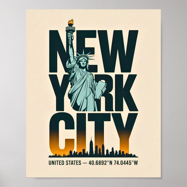 New York City Typography Statue of Liberty Skyline Poster (Front)
