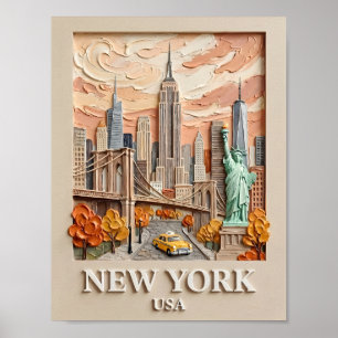 New York City Vintage 3D Textured Skyline Painting Poster